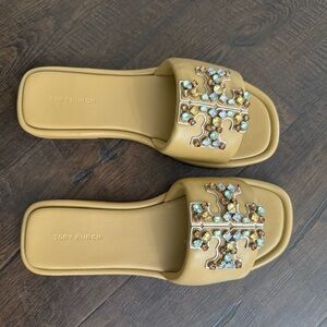 Tory Burch Gold Embellished Slide Sandals